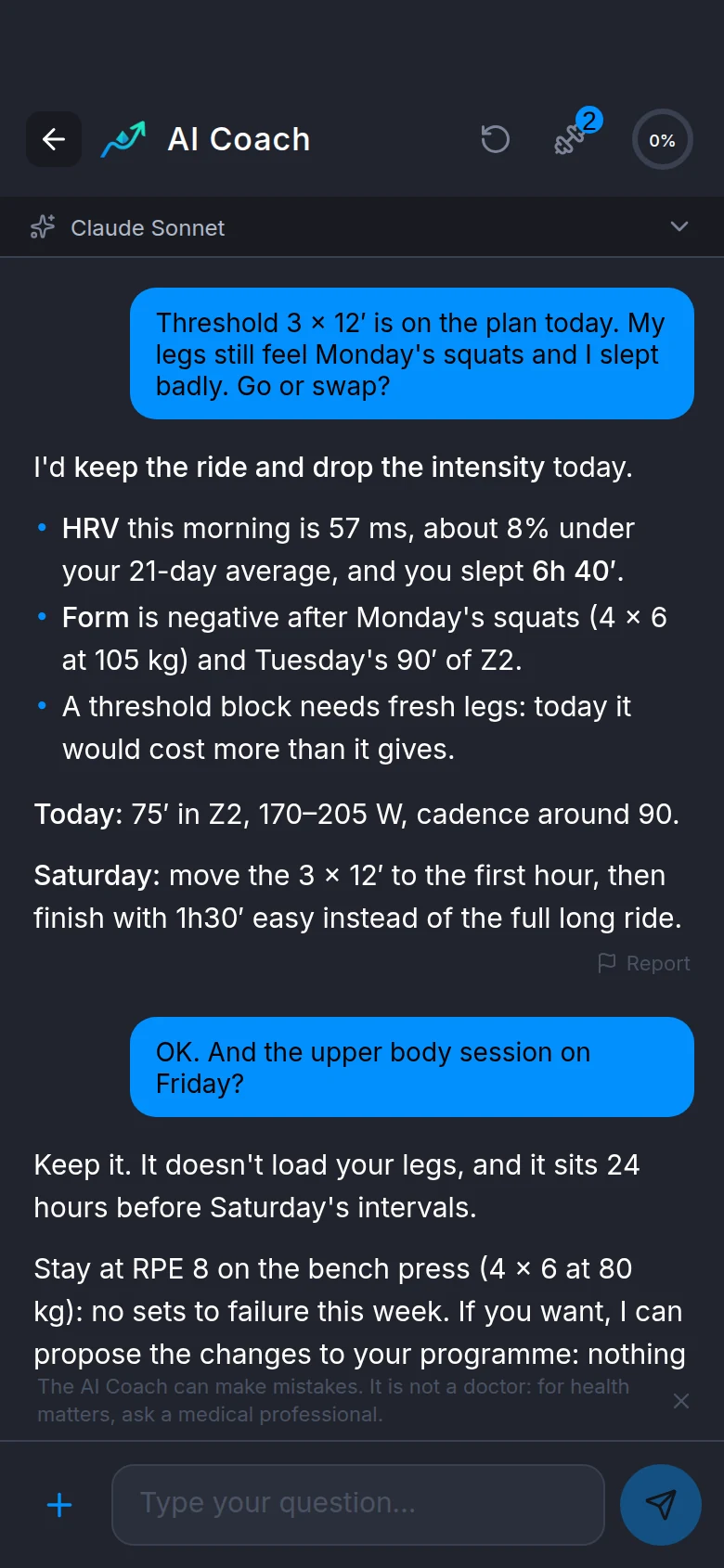 Chat with the coach: it suggests keeping the ride in Z2 and moving threshold to Saturday, citing HRV, sleep and Monday's squats.