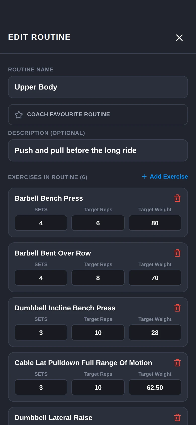 Routine editor with sets, target reps and target weight
