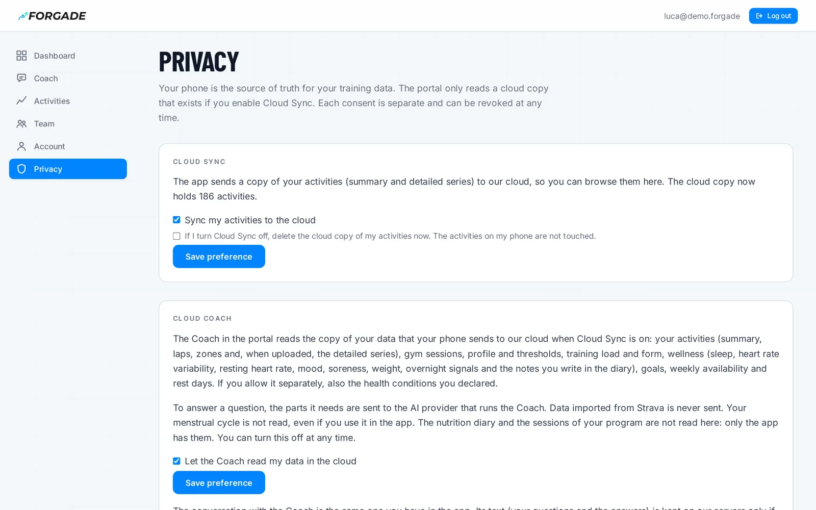 Portal Privacy page with the consents and the data export.